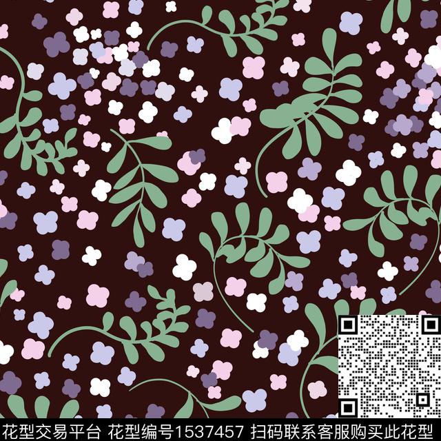 紫色花卉四方连续图.jpg - 1537457 - 绿植树叶 手绘花卉 花卉 - 传统印花花型 － 女装花型设计 － 瓦栏