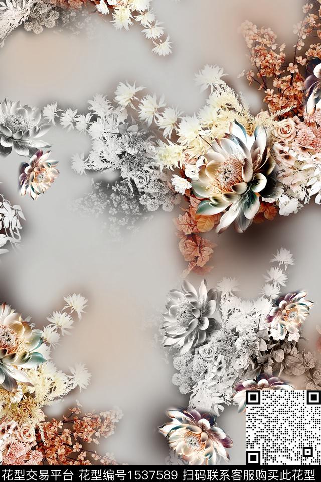 中老年朦胧花卉立体花卉数码印花花型下载（图片编号: 1537589） - 瓦栏（Walan）