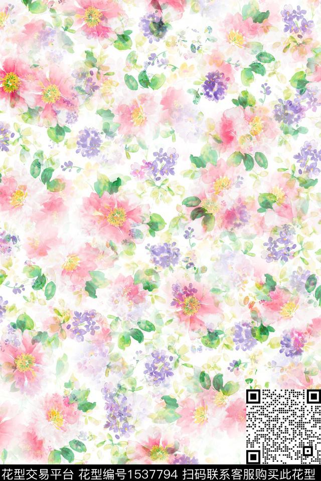 水彩年轻女性绿植树叶数码印花花型下载（图片编号: 1537794） - 瓦栏（Walan）