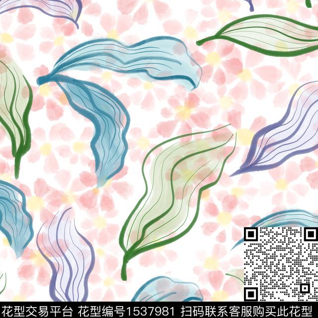 水彩手绘花纹四方连续.jpg - 1537981 - 绿植树叶 水彩 花卉 - 数码印花花型 － 女装花型设计 － 瓦栏