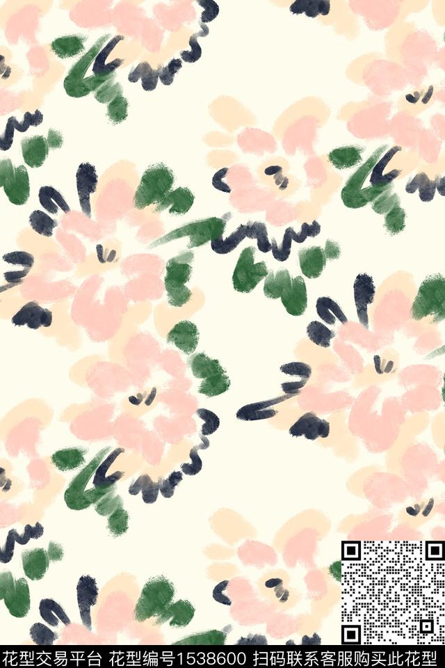 年轻女性水彩花卉笔触数码印花花型下载（图片编号: 1538600） - 瓦栏（Walan）