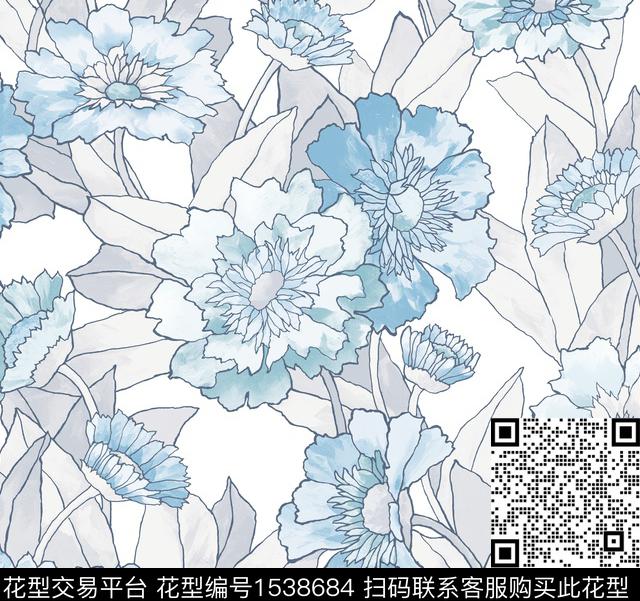 大花线条抽象花卉数码印花花型下载（图片编号: 1538684） - 瓦栏（Walan）