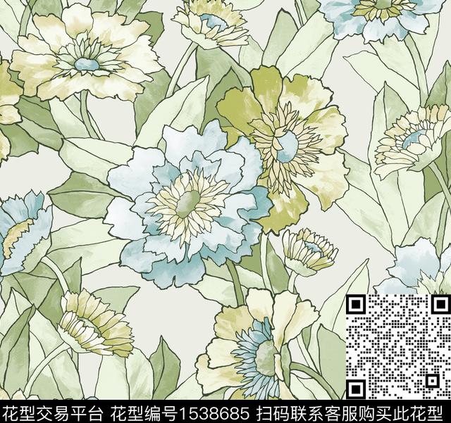 大花线条抽象花卉数码印花花型下载（图片编号: 1538685） - 瓦栏（Walan）