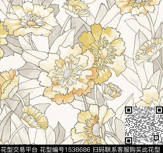 大花线条抽象花卉数码印花花型下载（图片编号: 1538686） - 瓦栏（Walan）