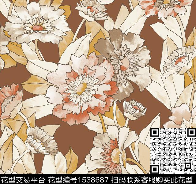大花线条水彩数码印花花型下载（图片编号: 1538687） - 瓦栏（Walan）