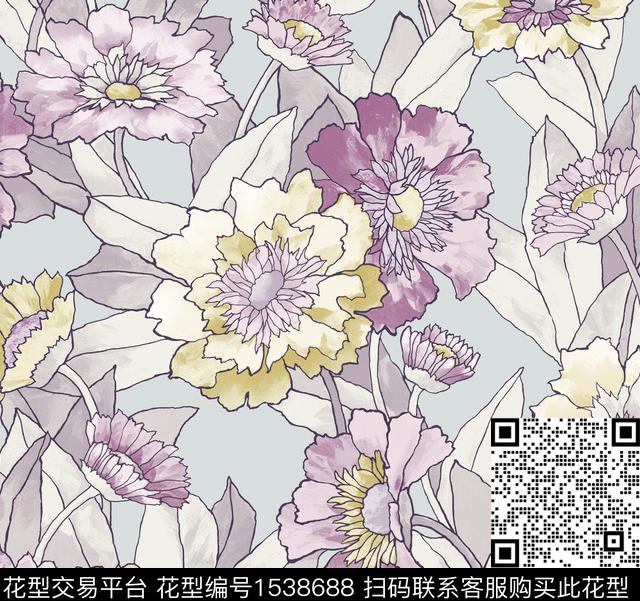 大花线条抽象花卉数码印花花型下载（图片编号: 1538688） - 瓦栏（Walan）