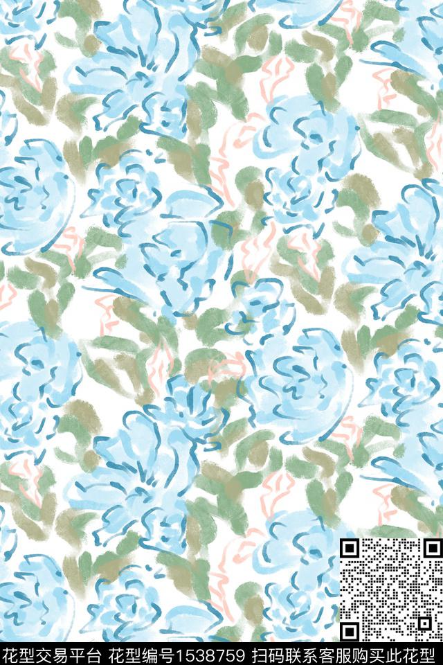 年轻女性水彩花卉笔触数码印花花型下载（图片编号: 1538759） - 瓦栏（Walan）