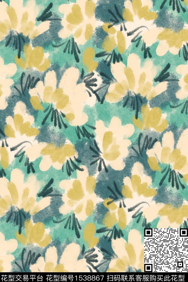 平面花卉满版散花水彩数码印花花型下载（图片编号: 1538867） - 瓦栏（Walan）