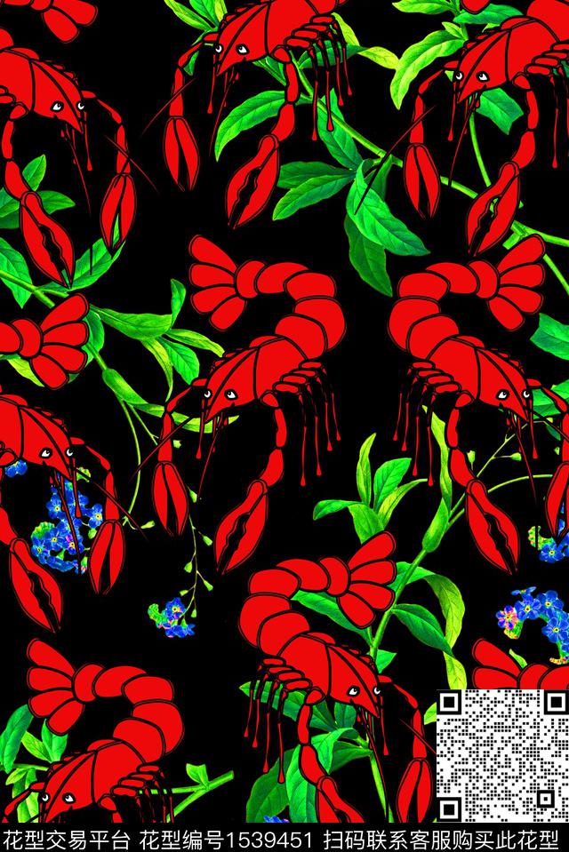 052404.jpg - 1539451 - 趣味 小龙虾 花卉 - 数码印花花型 － 女装花型设计 － 瓦栏