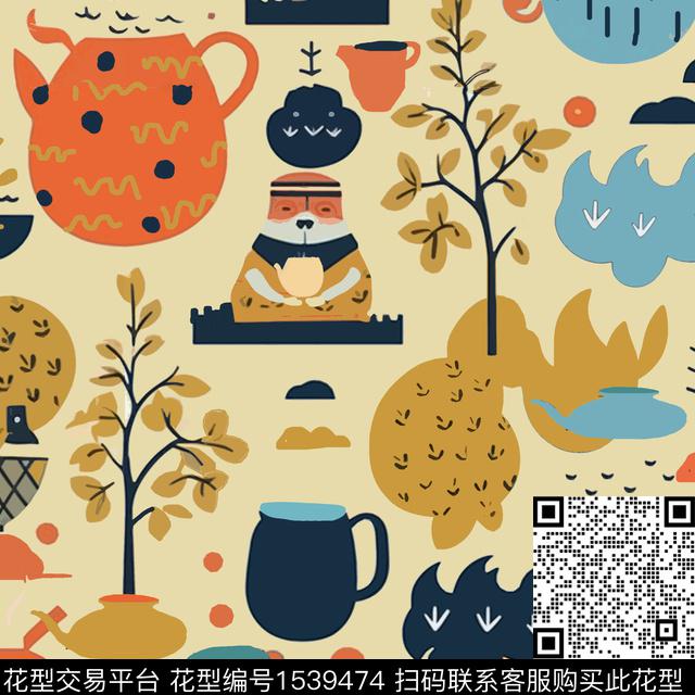 ZZ318 p.jpg - 1539474 - 茶壶 树木 狸猫 - 数码印花花型 － 童装花型设计 － 瓦栏