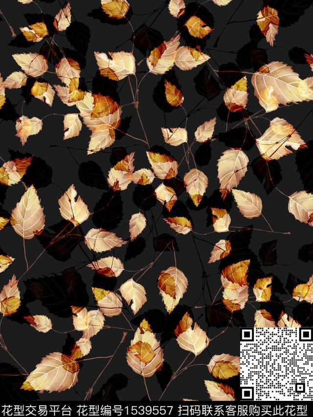 花卉2.jpg - 1539557 - 水彩 叶子 黑底 - 数码印花花型 － 女装花型设计 － 瓦栏