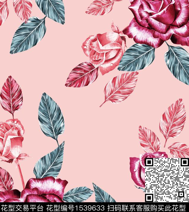 guan1117.jpg - 1539633 - 花卉 玫瑰花 粉底 - 数码印花花型 － 女装花型设计 － 瓦栏