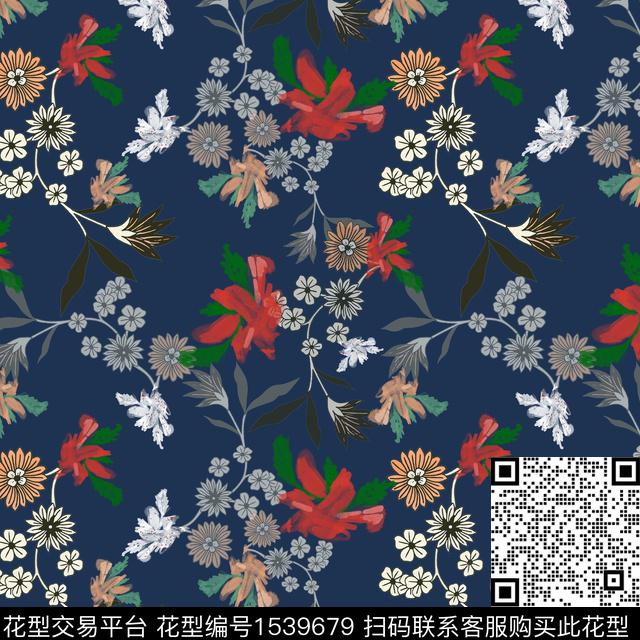 小碎花黑底花卉花卉数码印花花型下载（图片编号: 1539679） - 瓦栏（Walan）