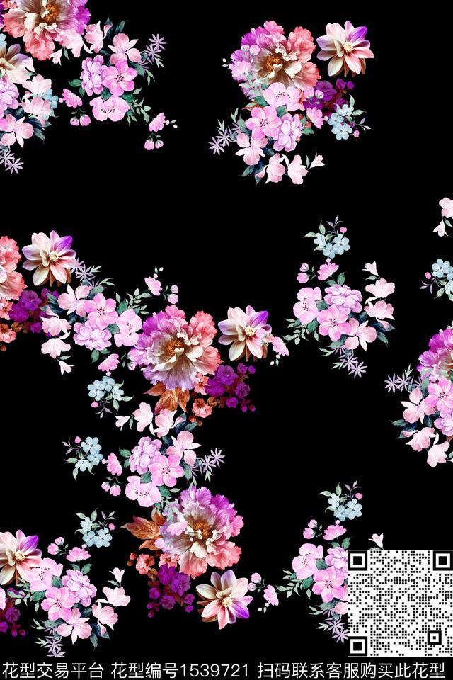 0527-3.jpg - 1539721 - 黑底花卉 中老年 满版散花 - 数码印花花型 － 女装花型设计 － 瓦栏