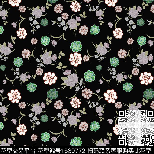 小碎花黑底花卉花卉传统印花花型下载（图片编号: 1539772） - 瓦栏（Walan）