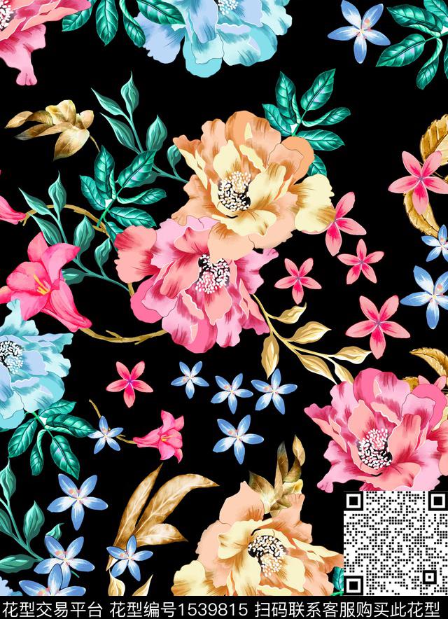 guan1120.jpg - 1539815 - 花卉 水彩 黑底花卉 - 数码印花花型 － 女装花型设计 － 瓦栏