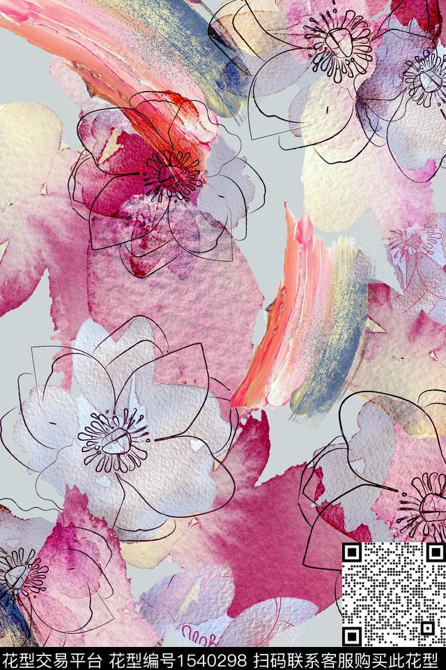 xhsjs0519-1.jpg - 1540298 - 线条花 手绘花卉 水彩 - 数码印花花型 － 女装花型设计 － 瓦栏