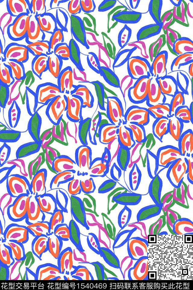 小清新清爽底花卉线条数码印花花型下载（图片编号: 1540469） - 瓦栏（Walan）