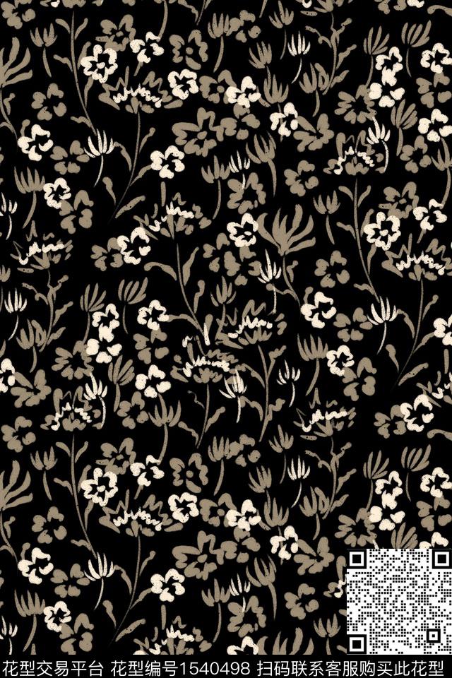 黑底花卉小碎花黑白花型数码印花花型下载（图片编号: 1540498） - 瓦栏（Walan）