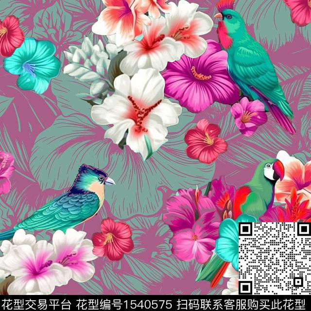 ZZ336 p.jpg - 1540575 - 花卉 鸟 鹦鹉 - 数码印花花型 － 泳装花型设计 － 瓦栏