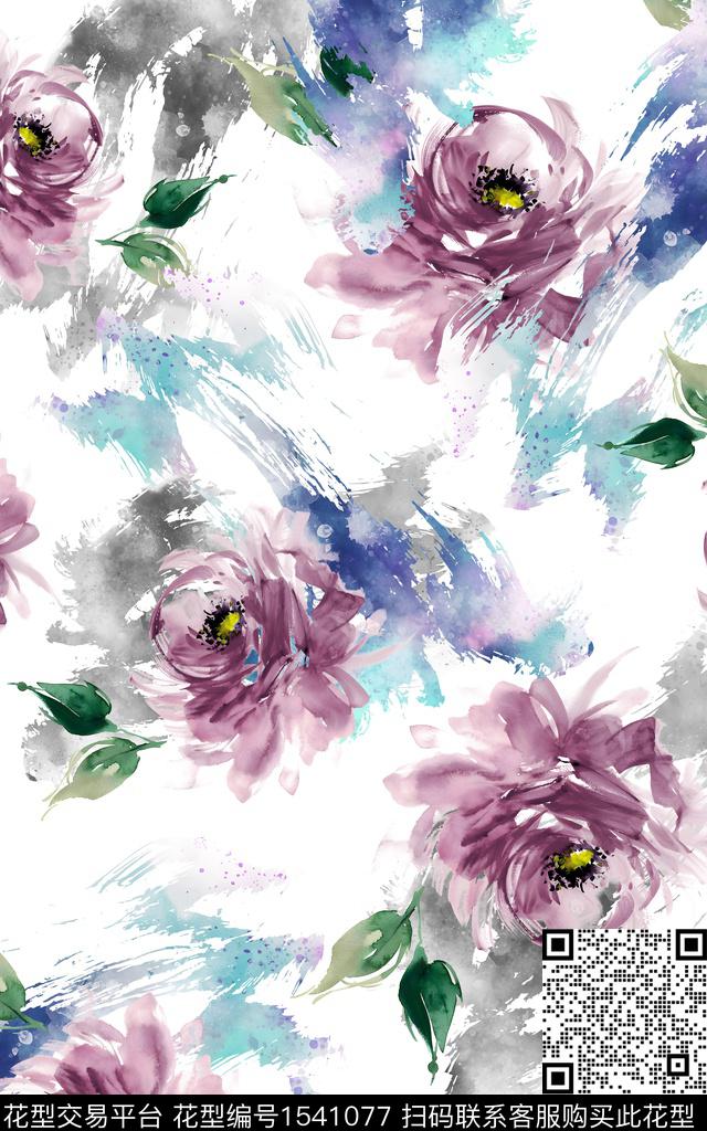 WX-6902.jpg - 1541077 - 手绘花卉 水彩花卉 笔触 - 数码印花花型 － 女装花型设计 － 瓦栏