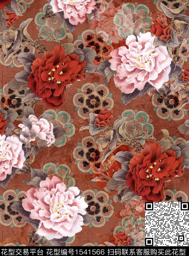 真丝香云纱花卉数码印花花型下载（图片编号: 1541566） - 瓦栏（Walan）
