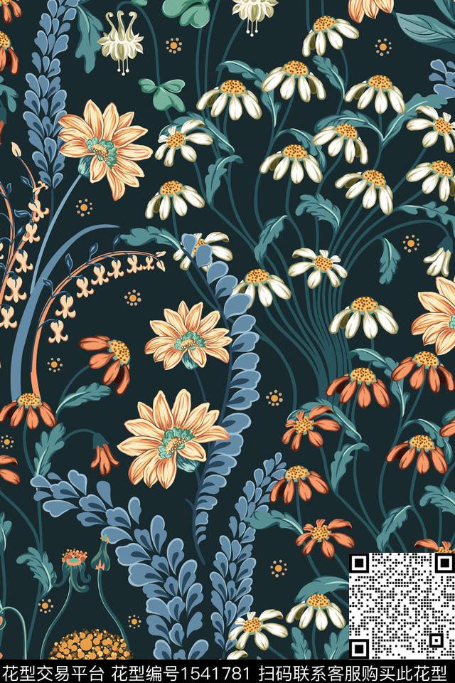 JXSJ061623.jpg - 1541781 - 绿植树叶 黑底花卉 花卉 - 数码印花花型 － 女装花型设计 － 瓦栏