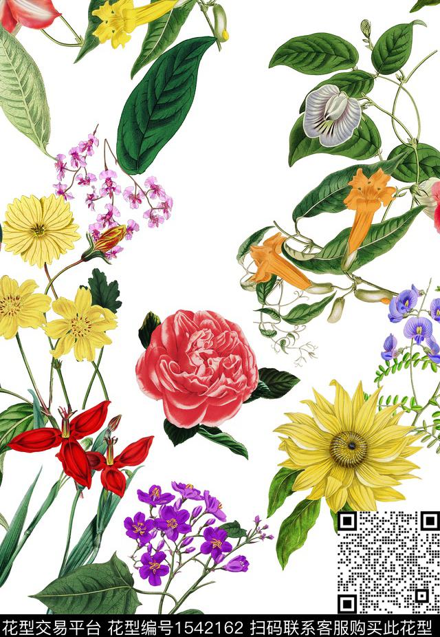 复古花卉白底花数码印花花型下载（图片编号: 1542162） - 瓦栏（Walan）