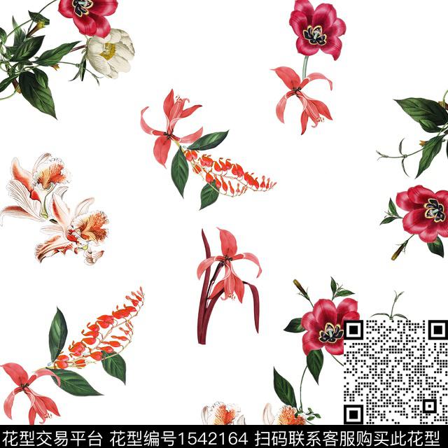 复古花卉白底花数码印花花型下载（图片编号: 1542164） - 瓦栏（Walan）