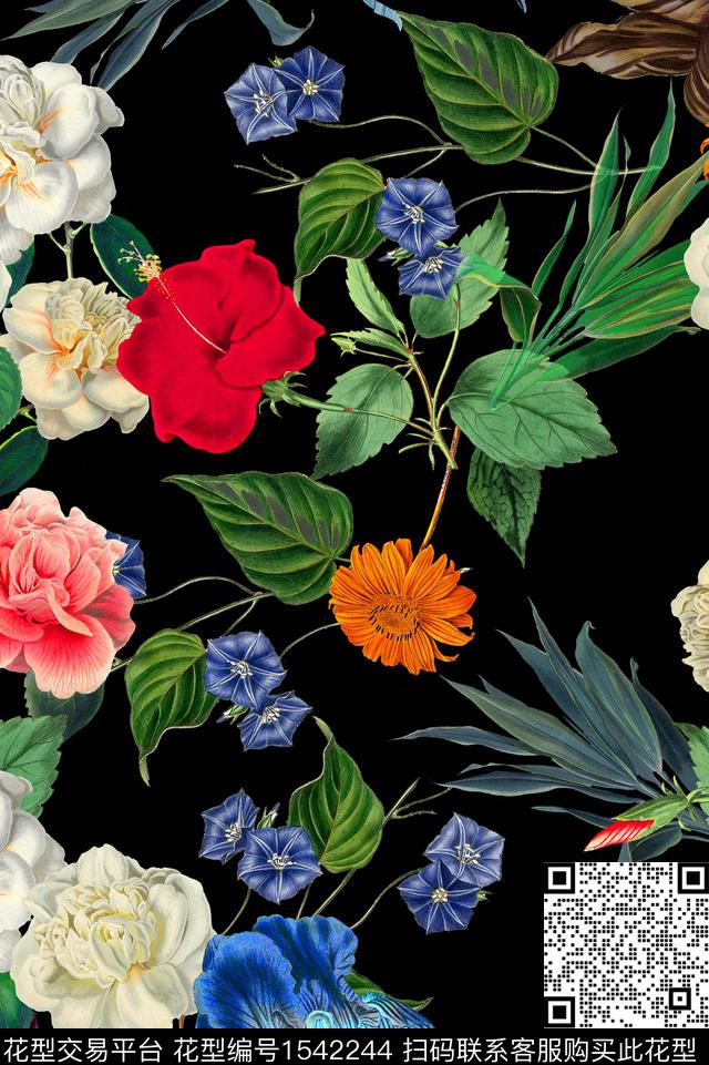 复古花卉黑底花卉数码印花花型下载（图片编号: 1542244） - 瓦栏（Walan）