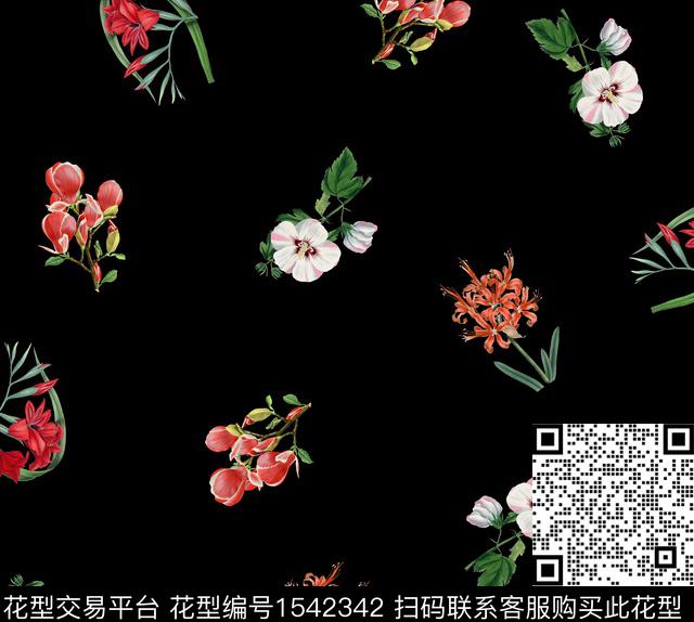 复古花卉黑底花卉数码印花花型下载（图片编号: 1542342） - 瓦栏（Walan）