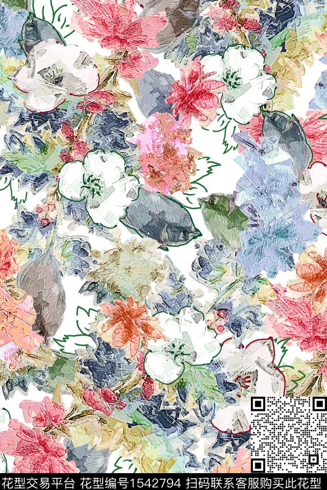 油画花型花卉肌理数码印花花型下载（图片编号: 1542794） - 瓦栏（Walan）
