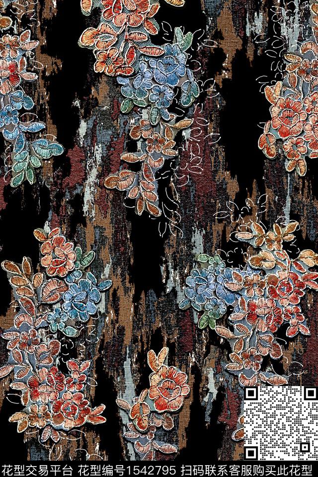 肌理中老年花卉数码印花花型下载（图片编号: 1542795） - 瓦栏（Walan）