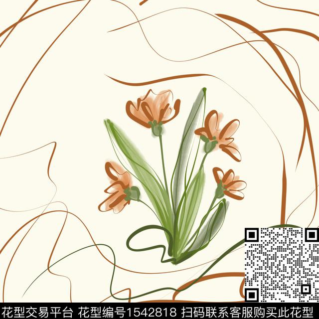 抽象线条花朵独幅.jpg - 1542818 - 花卉 抽象花卉 春夏花型 - 数码印花花型 － 床品花型设计 － 瓦栏