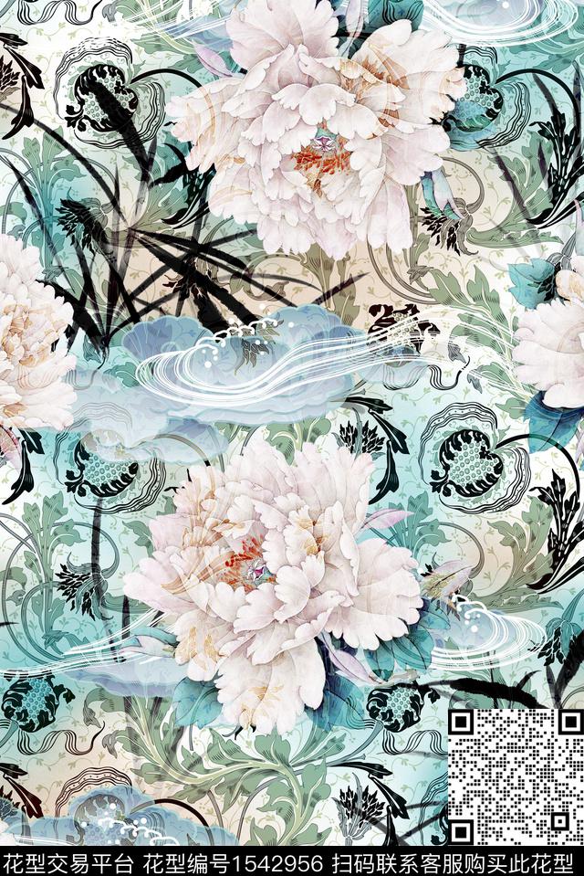 YD9469149.jpg - 1542956 - 牡丹 香云纱 中国 - 数码印花花型 － 女装花型设计 － 瓦栏