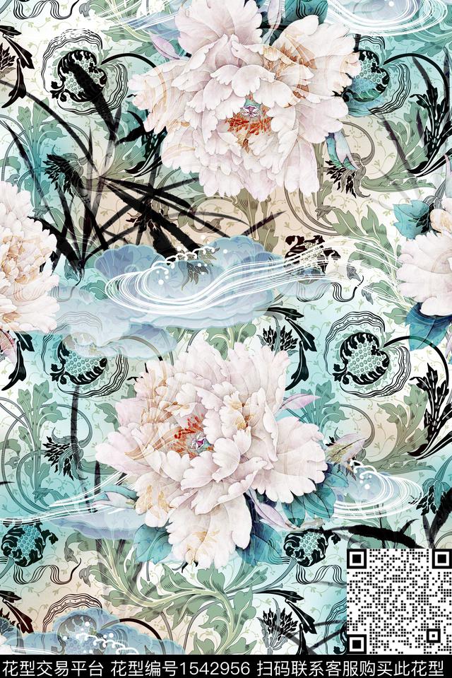 牡丹香云纱中国风数码印花花型下载（图片编号: 1542956） - 瓦栏（Walan）