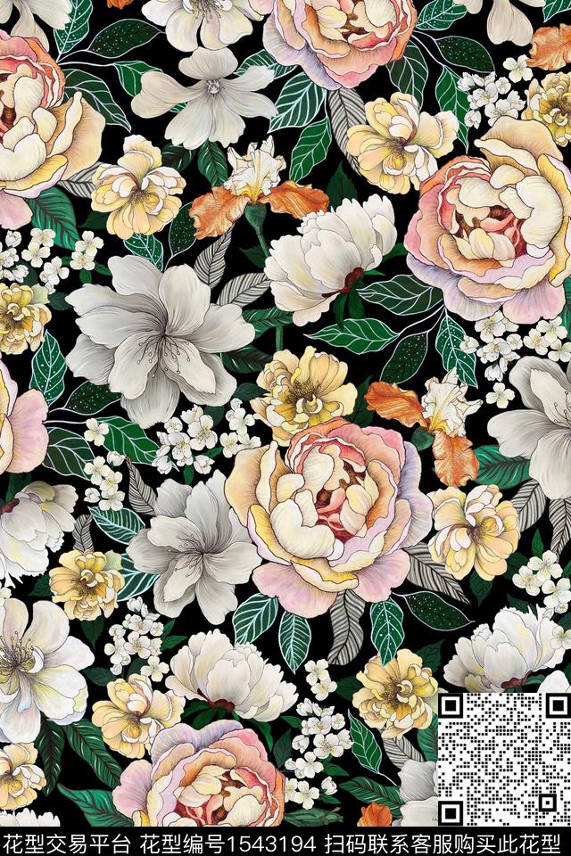 JXSJ070123.jpg - 1543194 - 大花 手绘花卉 沙发布 - 数码印花花型 － 女装花型设计 － 瓦栏