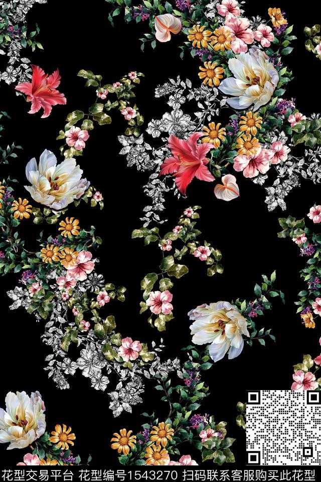 花卉黑底花卉女装数码印花花型下载（图片编号: 1543270） - 瓦栏（Walan）