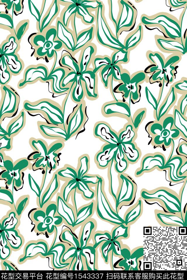 线条花卉淑女清爽底花卉数码印花花型下载（图片编号: 1543337） - 瓦栏（Walan）