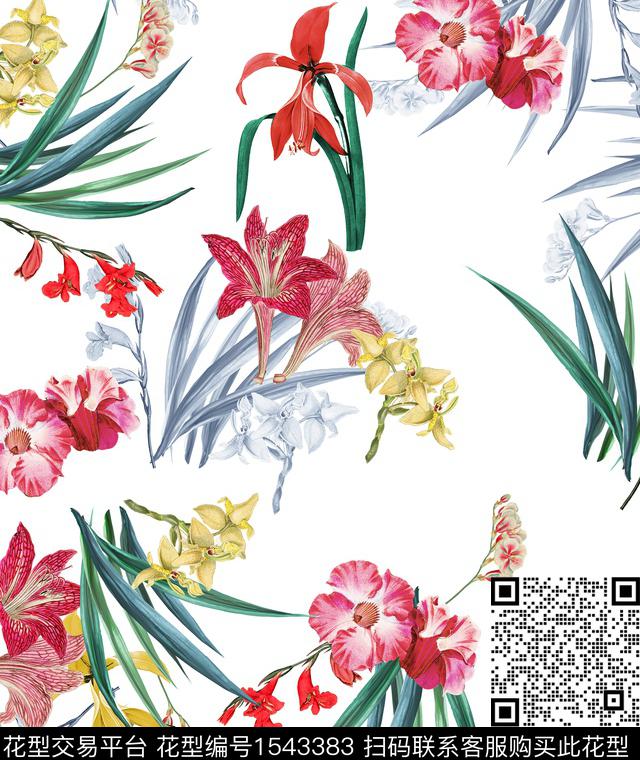 复古花卉白底花数码印花花型下载（图片编号: 1543383） - 瓦栏（Walan）