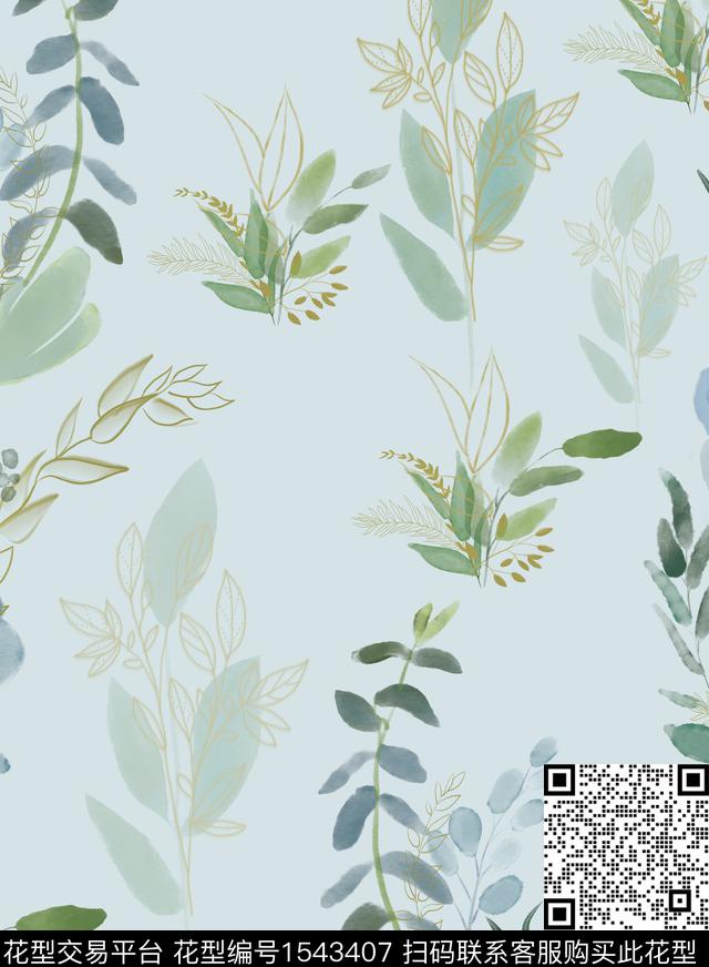 水彩叶子线条花数码印花花型下载（图片编号: 1543407） - 瓦栏（Walan）