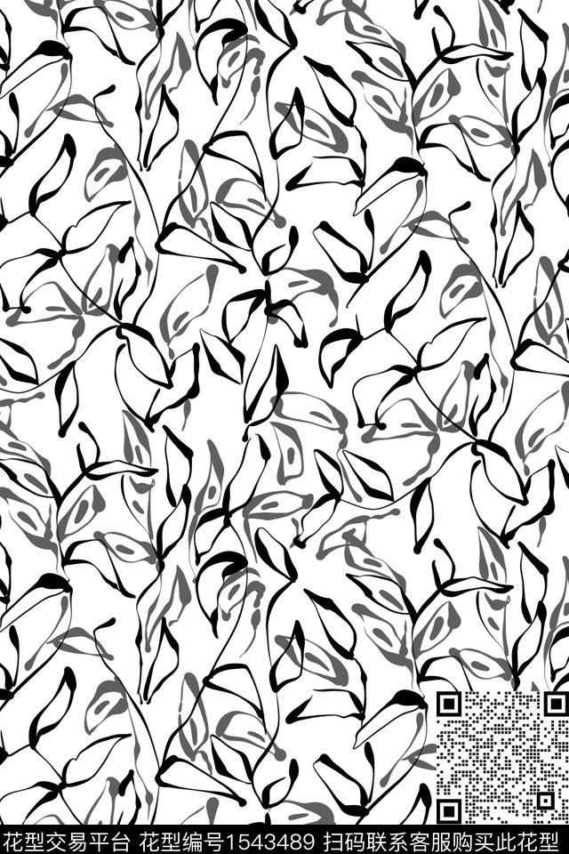 笔触黑白花型绿植树叶数码印花花型下载（图片编号: 1543489） - 瓦栏（Walan）