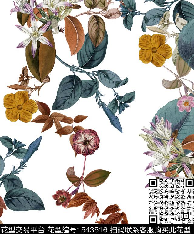 复古花卉白底花数码印花花型下载（图片编号: 1543516） - 瓦栏（Walan）