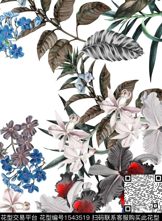 复古花卉白底花数码印花花型下载（图片编号: 1543519） - 瓦栏（Walan）