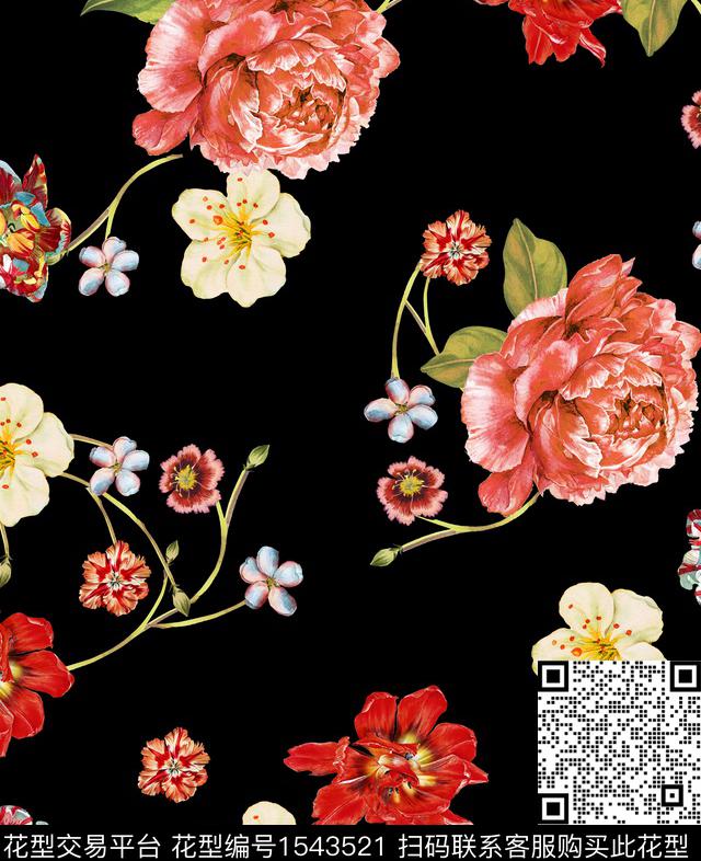 复古花卉黑底花卉数码印花花型下载（图片编号: 1543521） - 瓦栏（Walan）