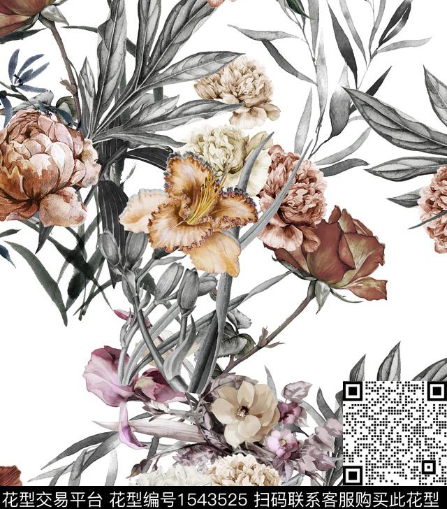 复古花卉水彩数码印花花型下载（图片编号: 1543525） - 瓦栏（Walan）