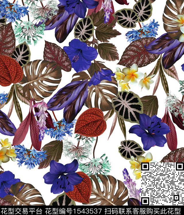 复古花卉白底花数码印花花型下载（图片编号: 1543537） - 瓦栏（Walan）