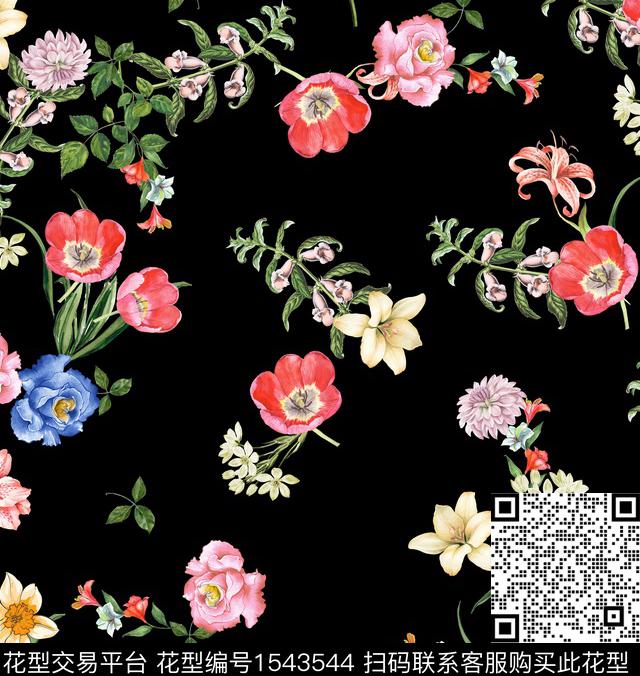 复古花卉黑底花卉数码印花花型下载（图片编号: 1543544） - 瓦栏（Walan）