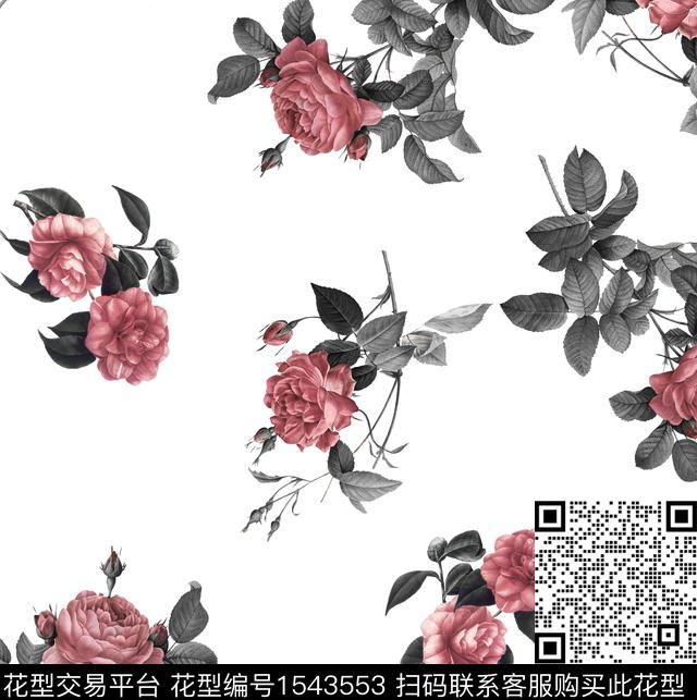 复古花卉玫瑰花数码印花花型下载（图片编号: 1543553） - 瓦栏（Walan）
