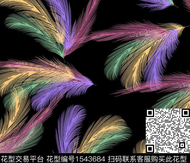 2000.jpg - 1543684 - 黑底 动物纹 羽毛 - 传统印花花型 － 女装花型设计 － 瓦栏
